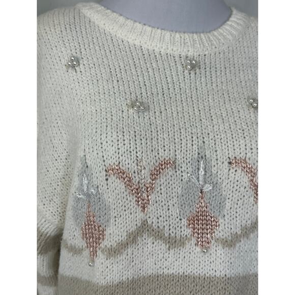 Vintage 1980s Beldoch Popper Cream Ivory Striped Acrylic Embellished Sweater M - Picture 7 of 8